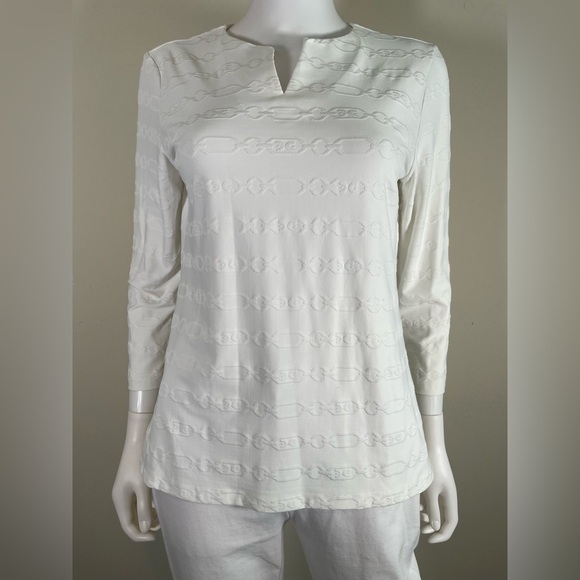 J. McLaughlin 3/4 Sleeve Catalina Cloth Textured Chainlink Top White Sz M V Neck - Picture 2 of 15